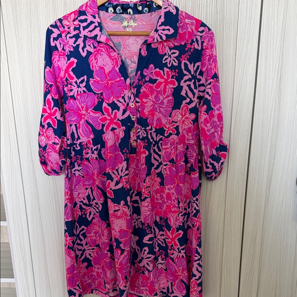 Lilly Pulitzer Navy and Hot Pink Floral Midi Dress